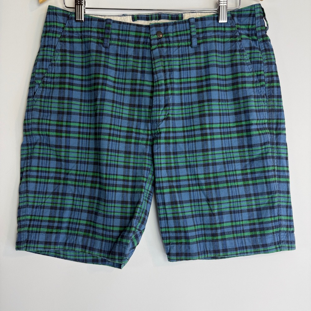 Relwen Rustic Madras Flex Shorts Mens 32 Blue Green Plaid Stretch 8.5" Inseam